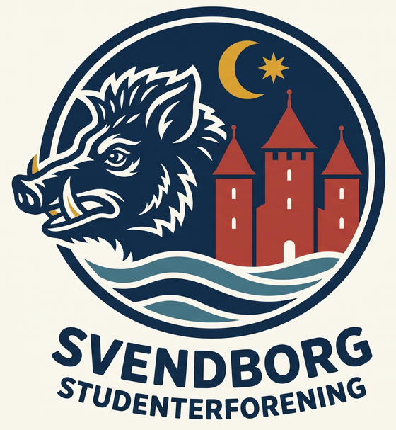 Svendborg Studenterforenings logo: et vildsvin foran tre røde tårne under måne og stjerne, med bølger forneden og navnet Svendborg Studenterforening.